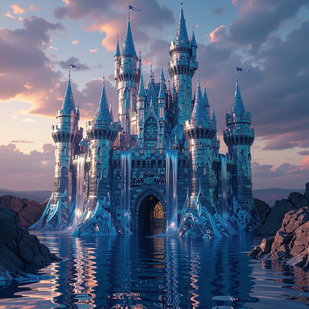 Iridescent Liquid Metal Castle with Molten Silver Falls