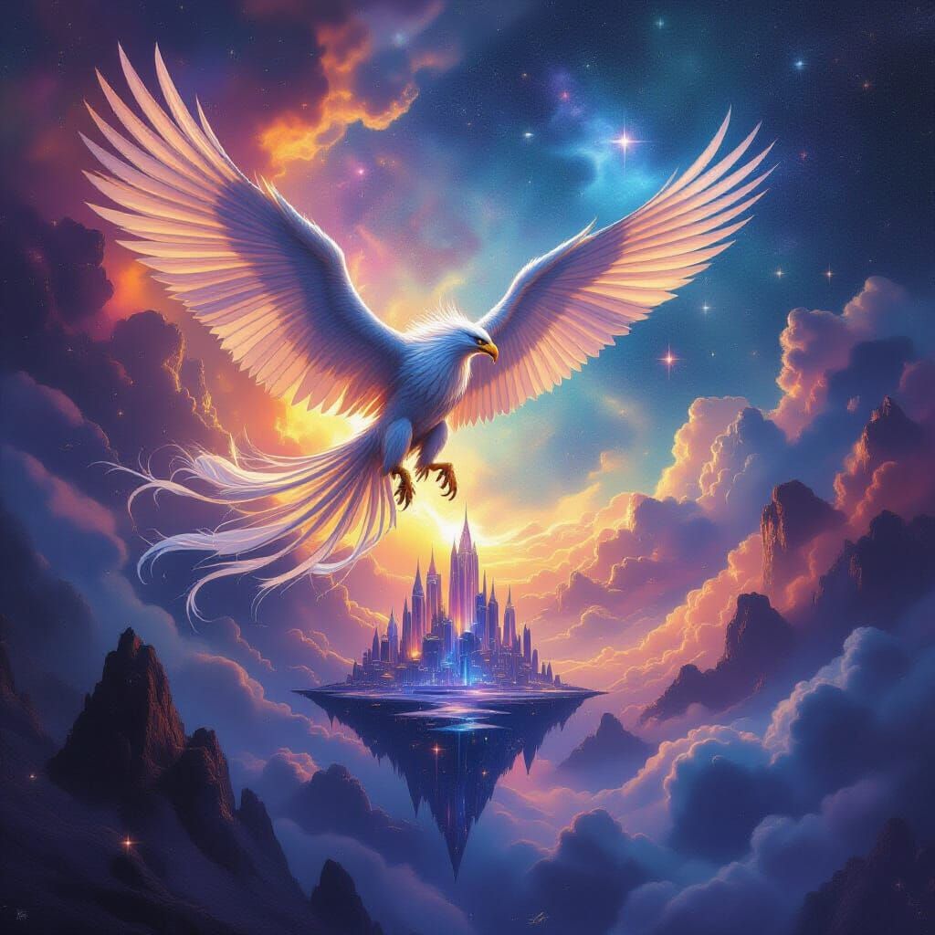 Majestic Griffin Soars Over Crystalline City in Cosmic Sky