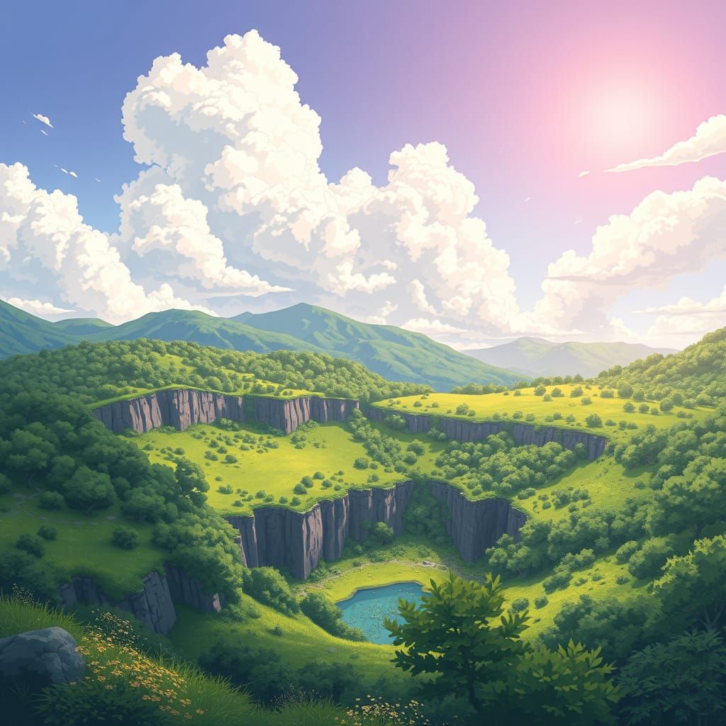 Anime-Style Quarry Landscape with Vibrant Greenery and Sunny...