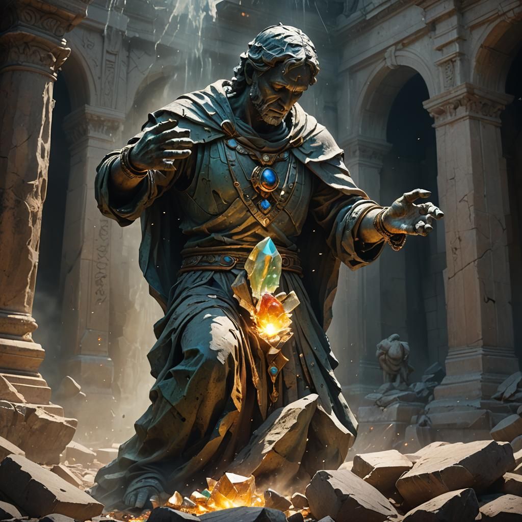 Cracked Statue with Jewel: Cinematic Concept Art