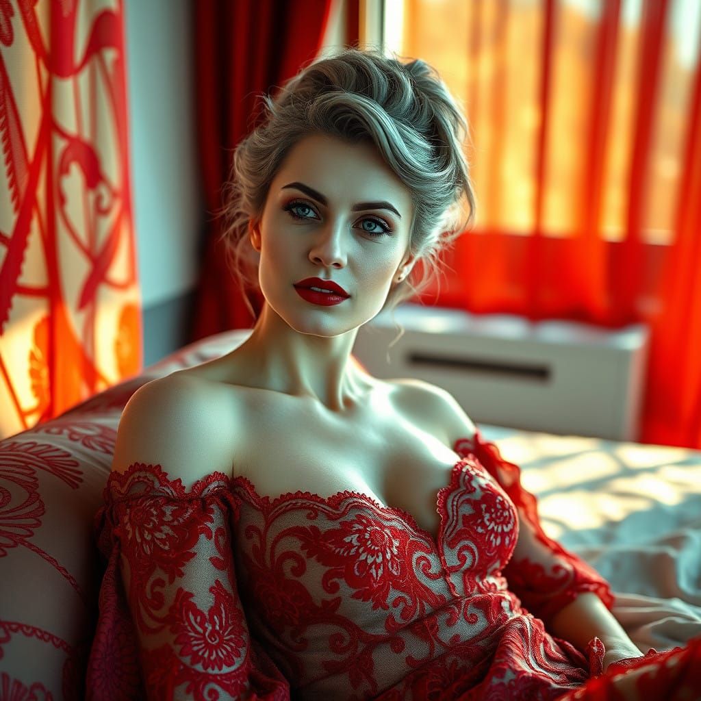 Ethereal Woman in Lavish Red Lace Drapery