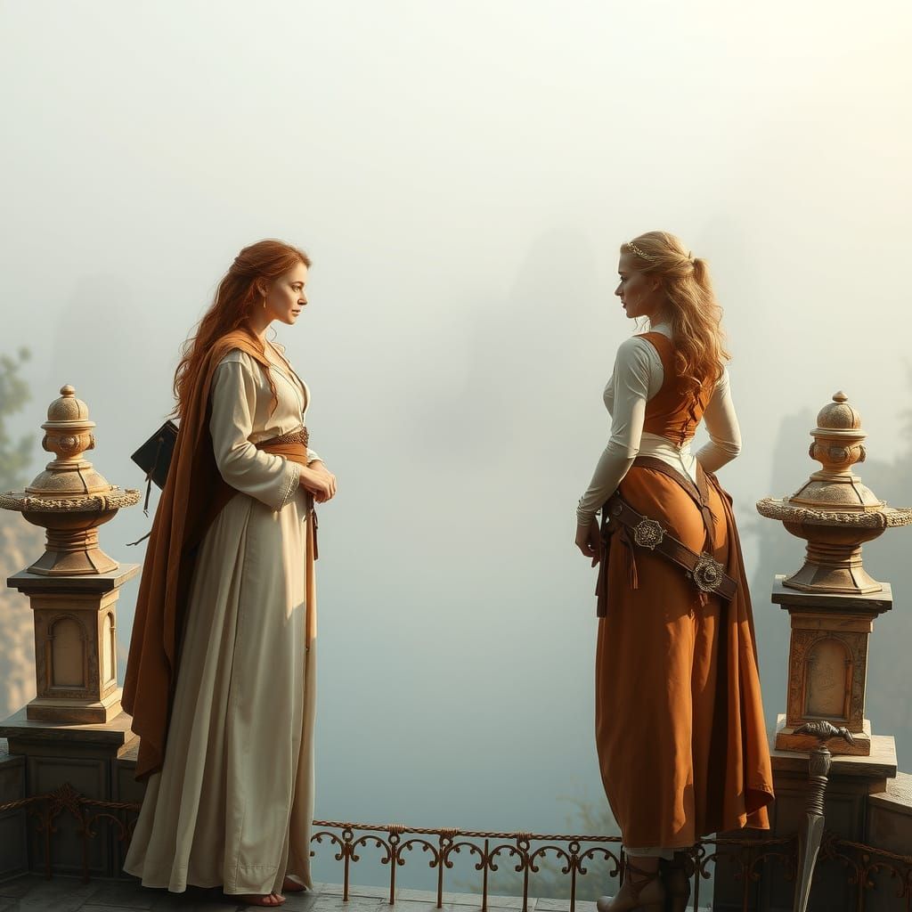 Noblewomen on Castle Skycourt in Romantic Style