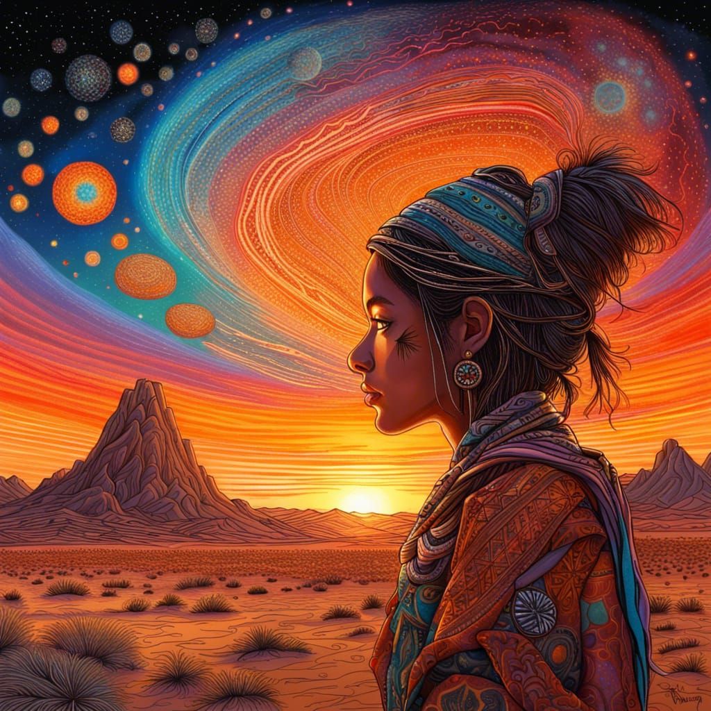 Shaman Girl Watches Desert Sunset with Galaxies