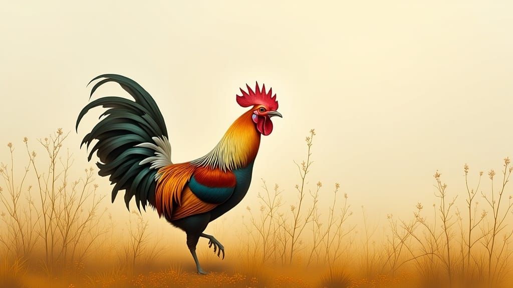 Rooster in Foggy Field, Watercolor Painting