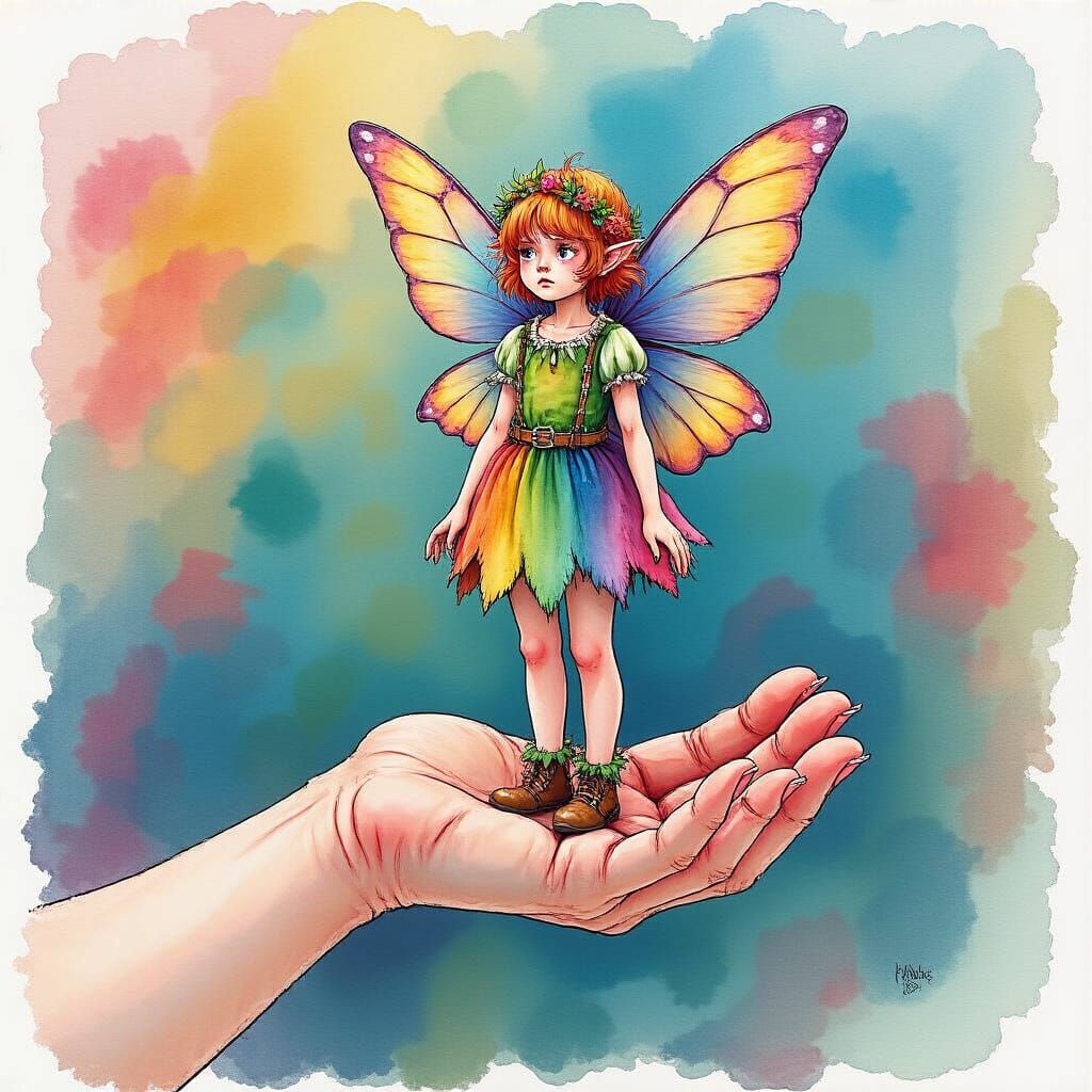 Child Fairy Standing in Hand, Colorful Watercolor Art