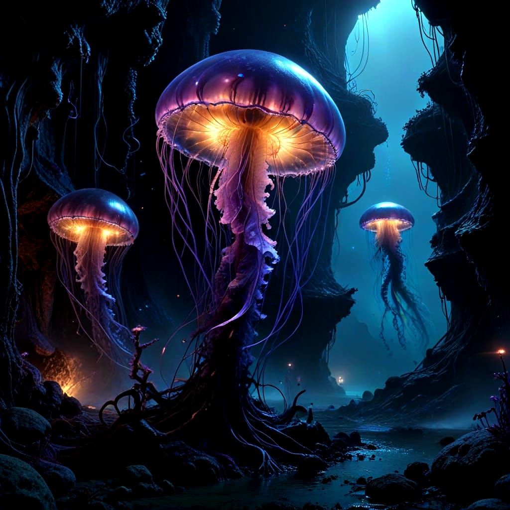 Bioluminescent Jellyfish in Deep-Sea Trench Art