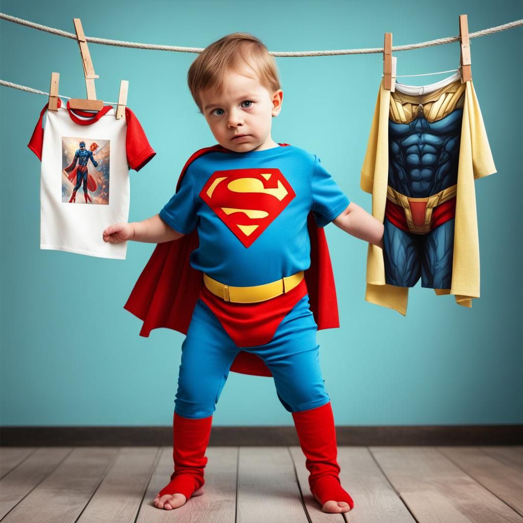 An imaginary picture of an innocent age, staring at a super hero's outfit. Hang it on the clothesline, a complex image, ...