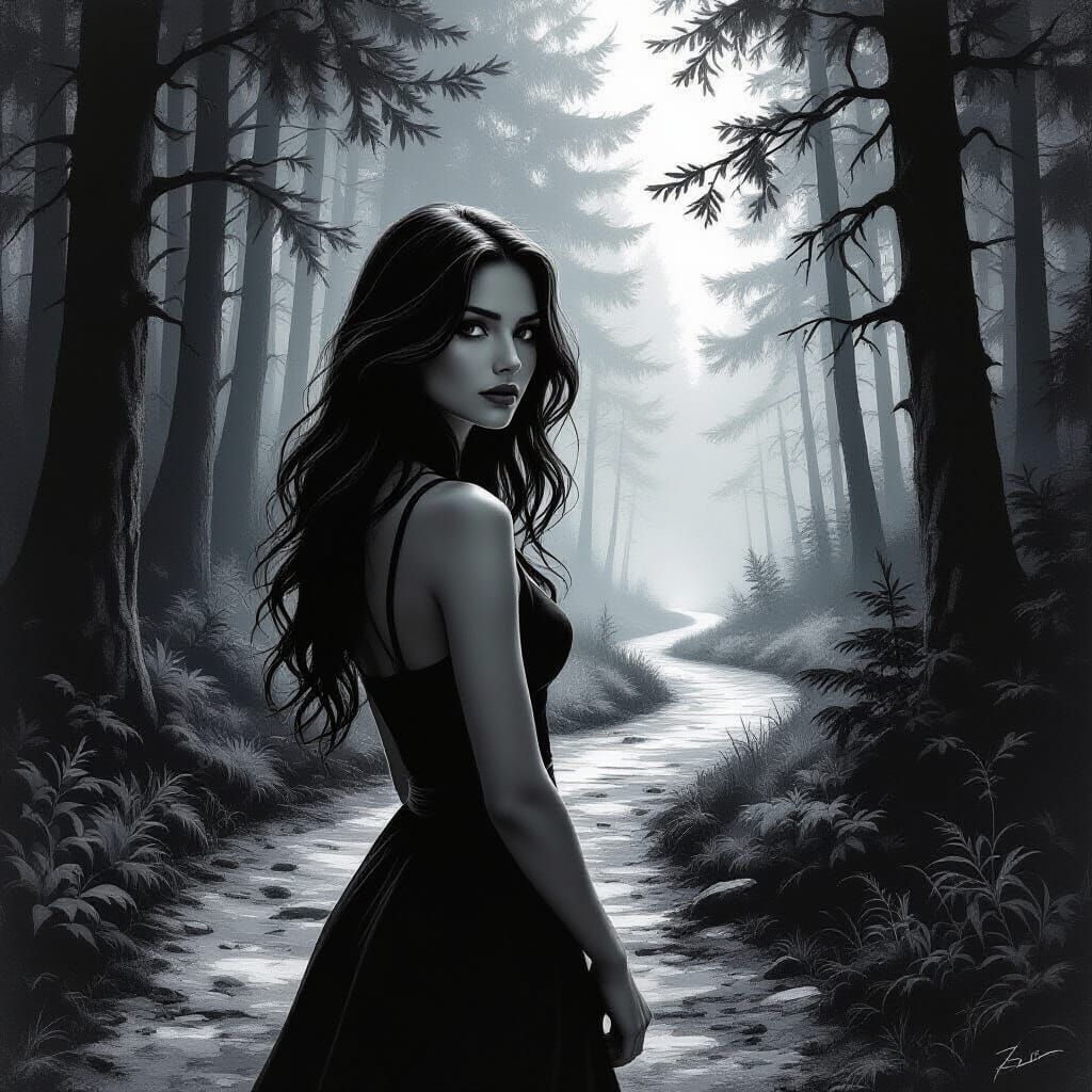 Mysterious Forest Scene in Black and White