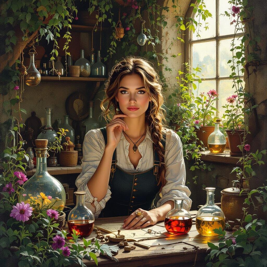 Alchemist in Ruined Workshop with Golden Light