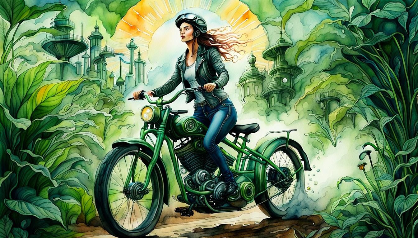 Woman on Bike with Steampunk Engine, Watercolor Style