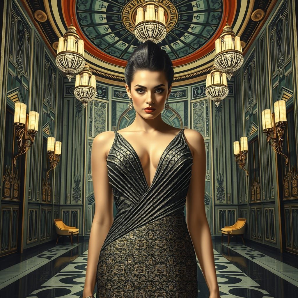 Deco Surreal Woman in Art Deco Hall