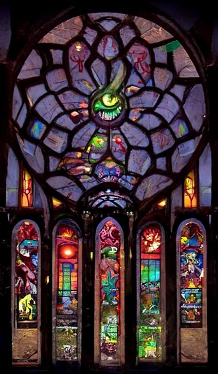 Cthulhu Stained Glass Windows in Ornate Temple