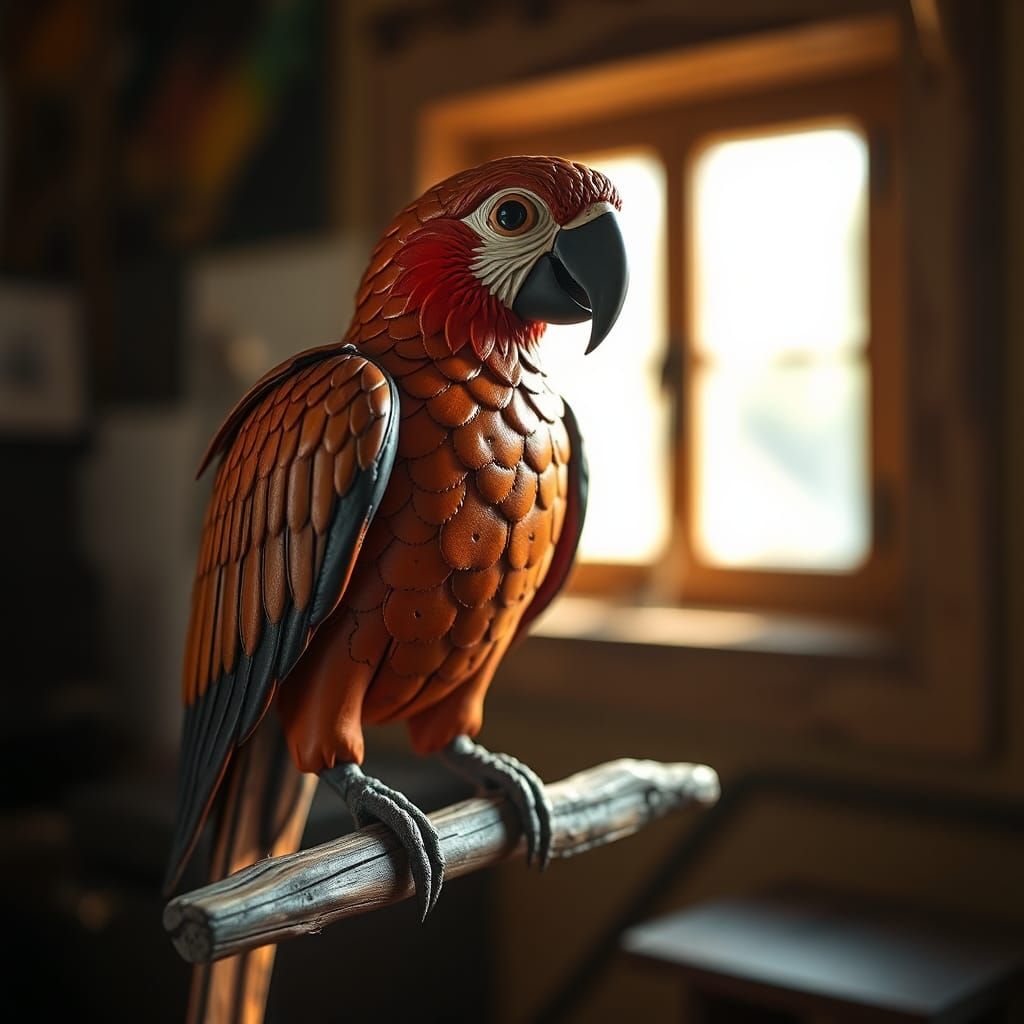 Lifelike Leather Parrot Sculpture in Natural Light