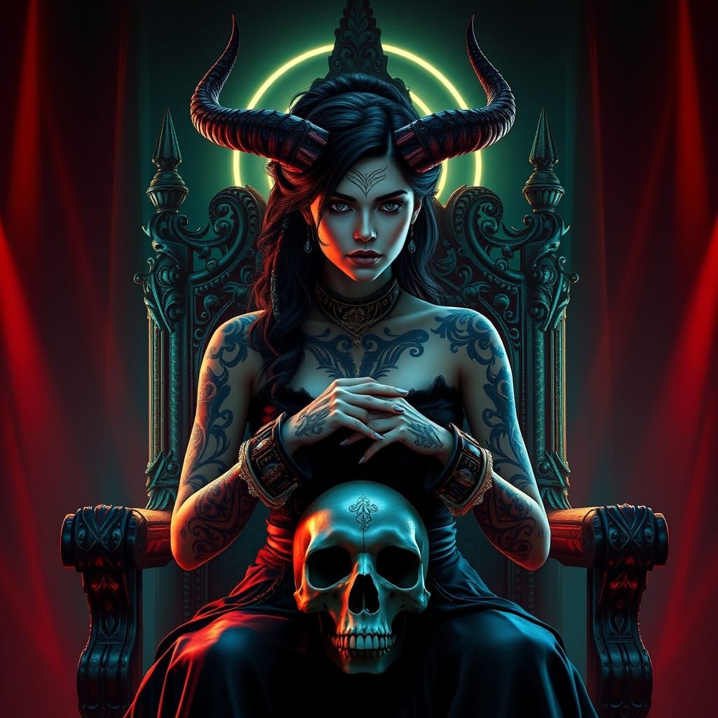 Regal Dark Fantasy Queen with Tribal Tattoos and Horns