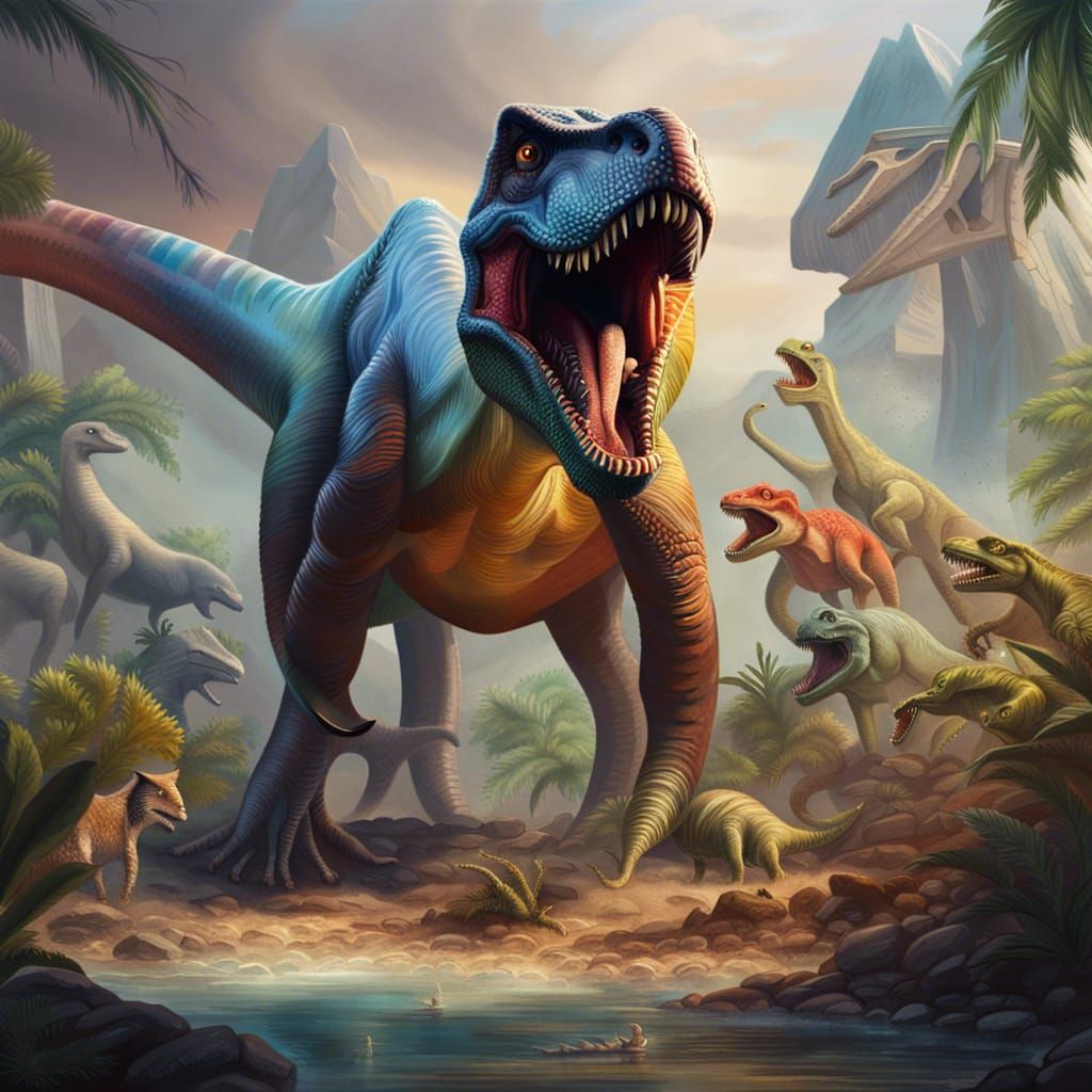 Hyperrealistic Dinosaurs in Prehistoric Landscape