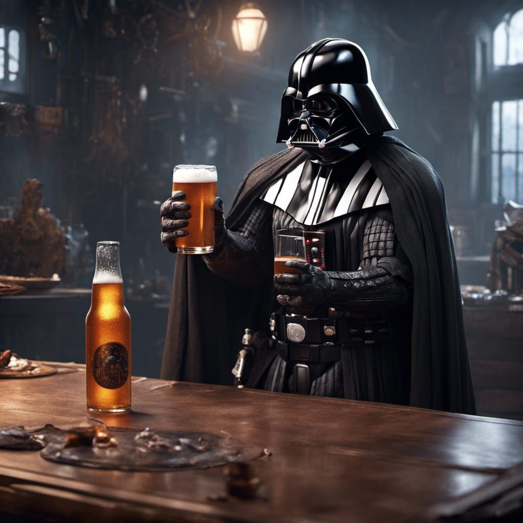 Darth Vader drinking a glass of beer