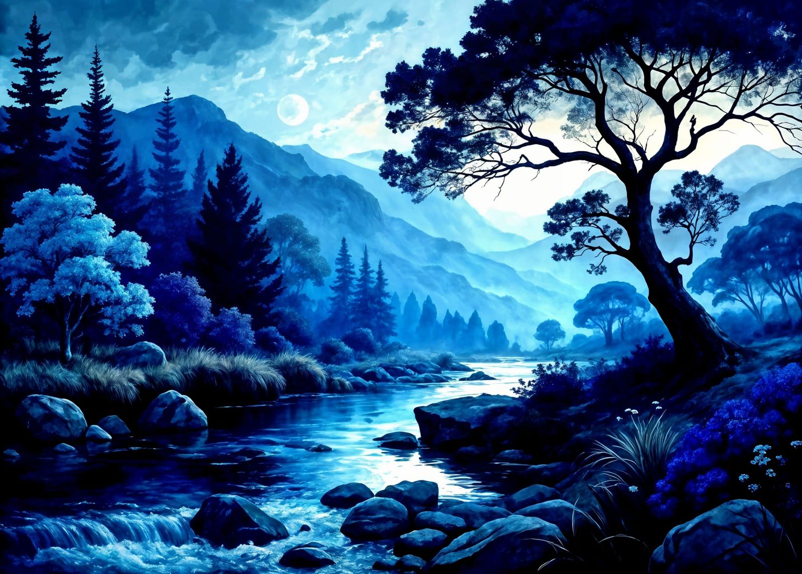 A beautiful landscape scene, palette shades of blue