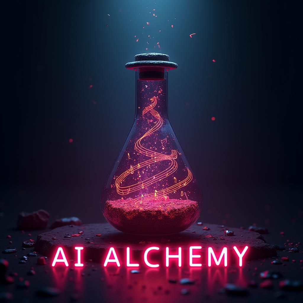 Neon Alchemy Flask with Musical Staff and AI Alchemy Text