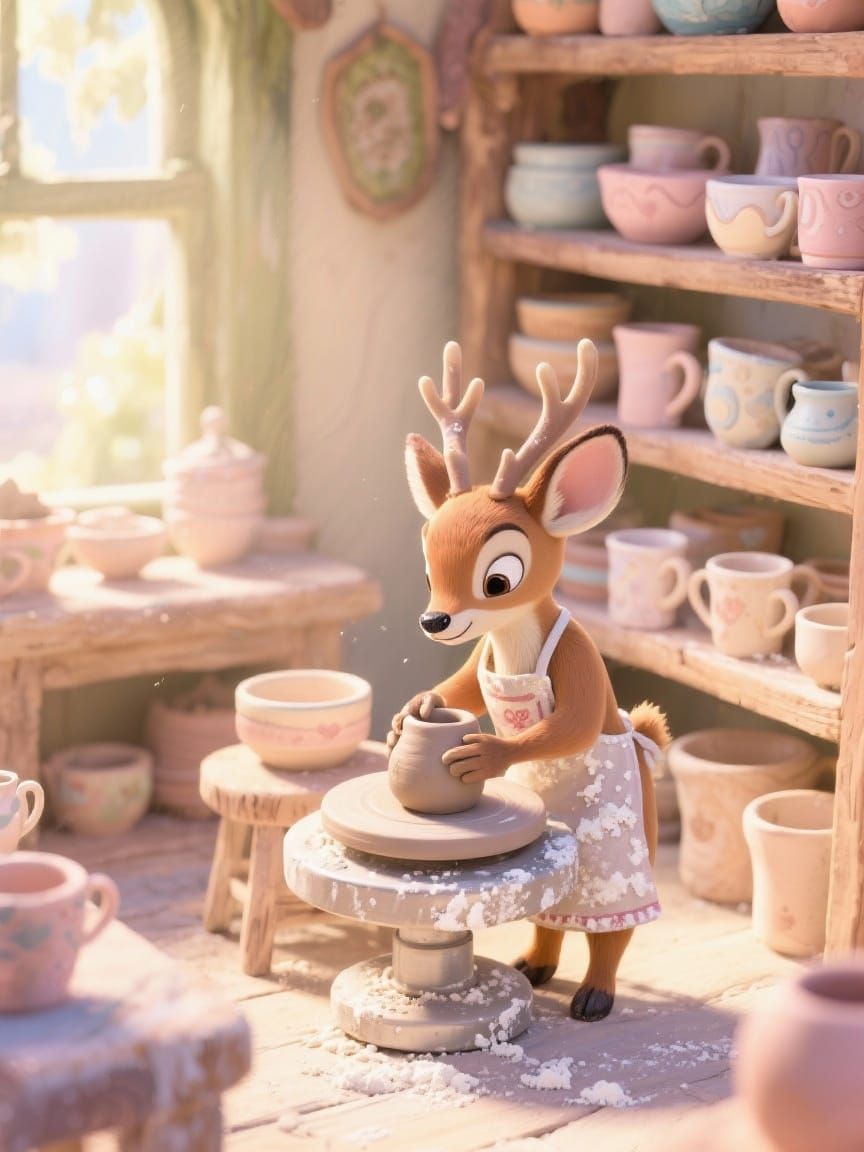 Miniature Deer Crafts Pottery in Cozy Shop