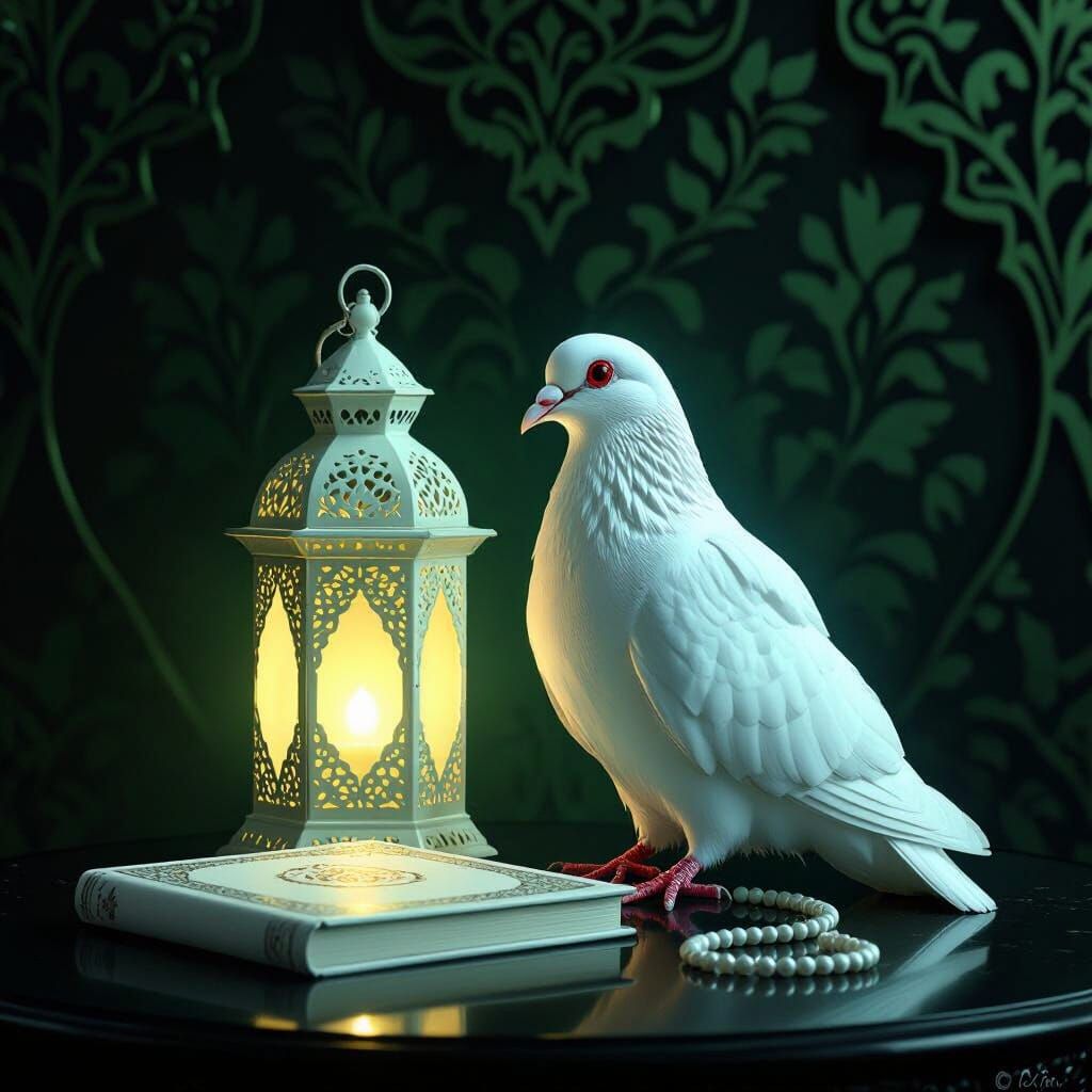 Pigeon, Lantern, and Quran in Islamic Art Style