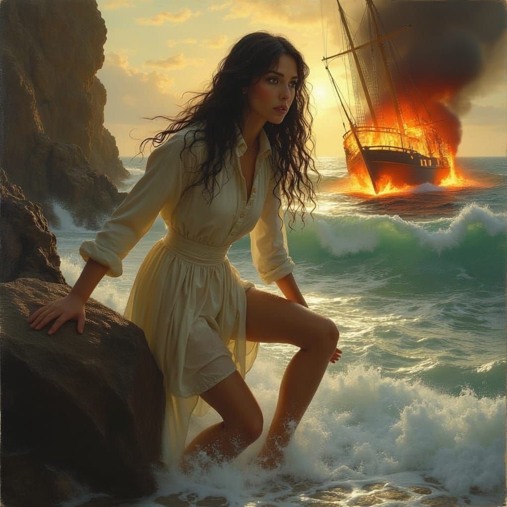 Woman Climbs From Sea Onto Rocky Coast at Sunset