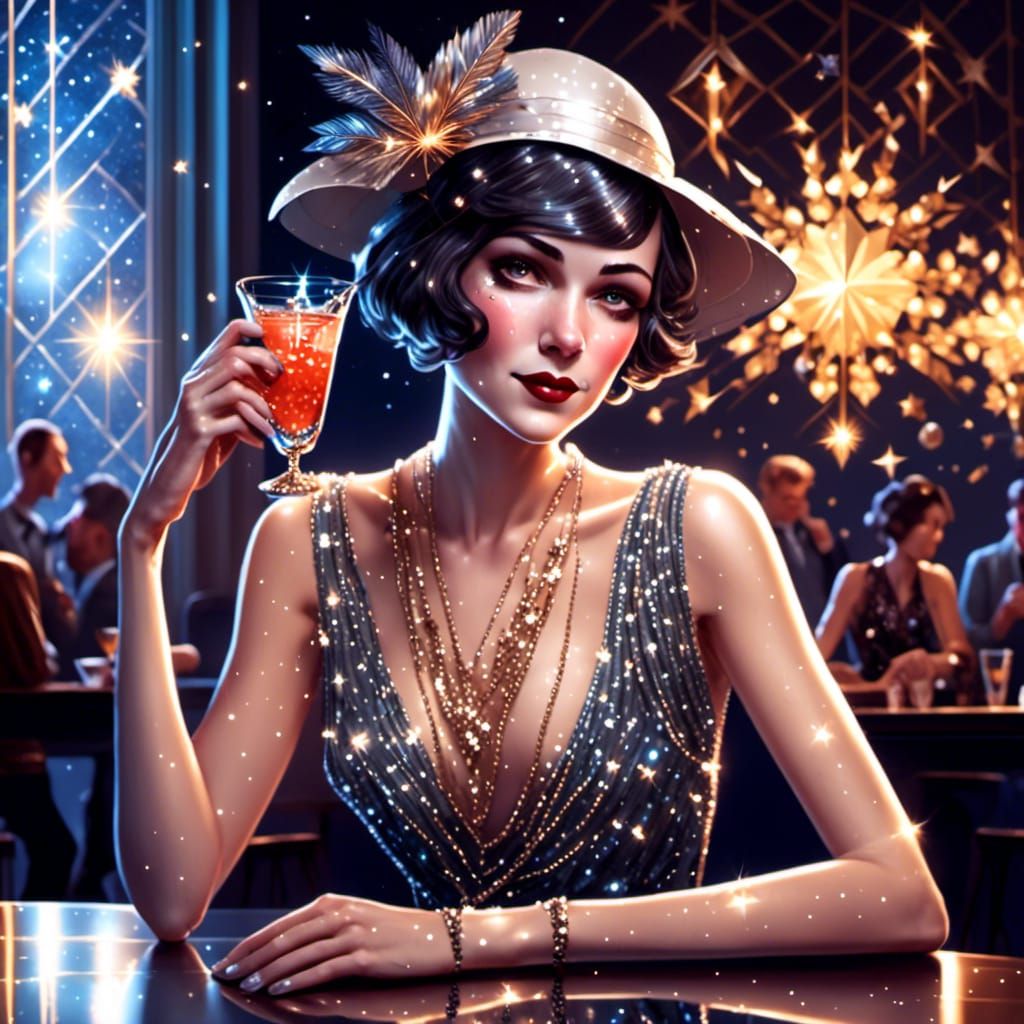 Flapper Woman Sipping Cocktail with Glitter and Diamonds