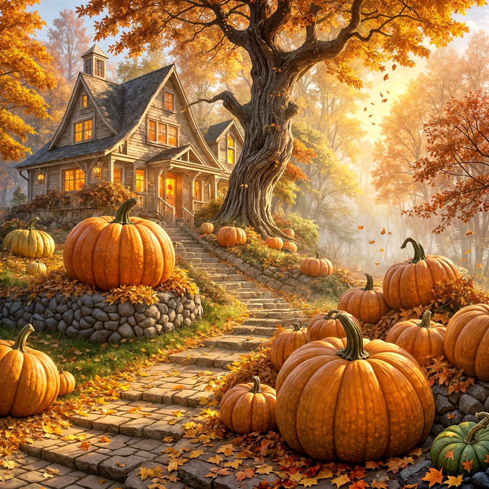 Giant Plump Pumpkins in Ethereal Autumn Mist