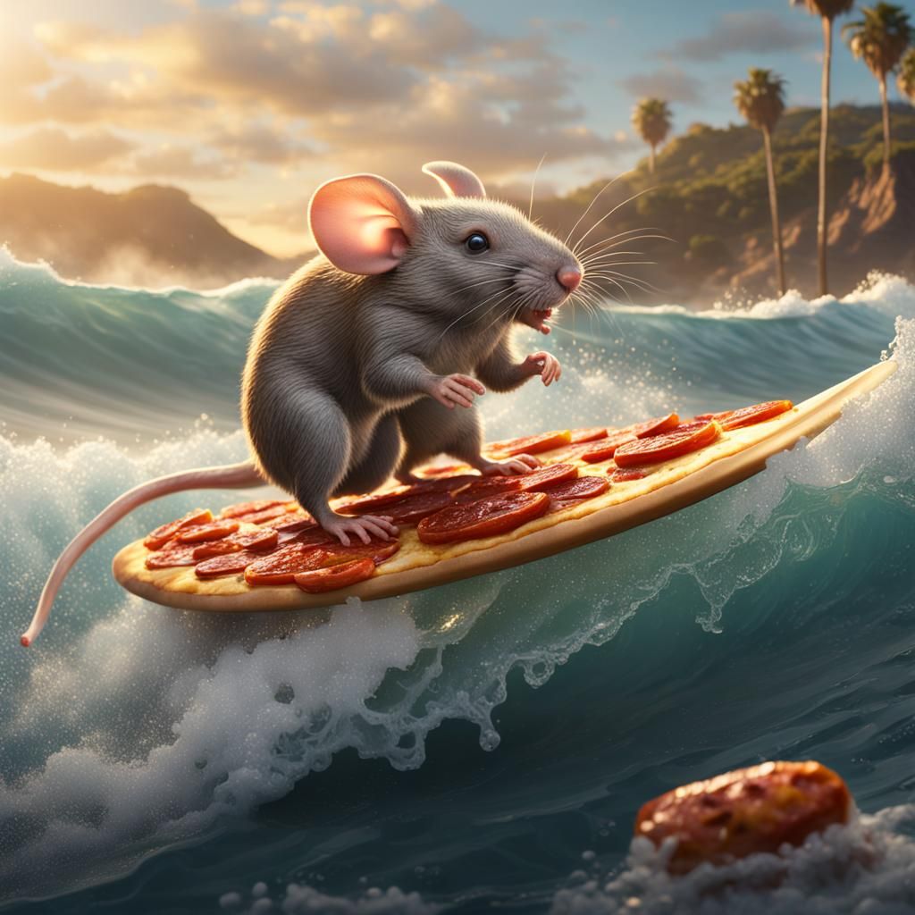 Mouse Surfing with Pizza, Matte Painting Style