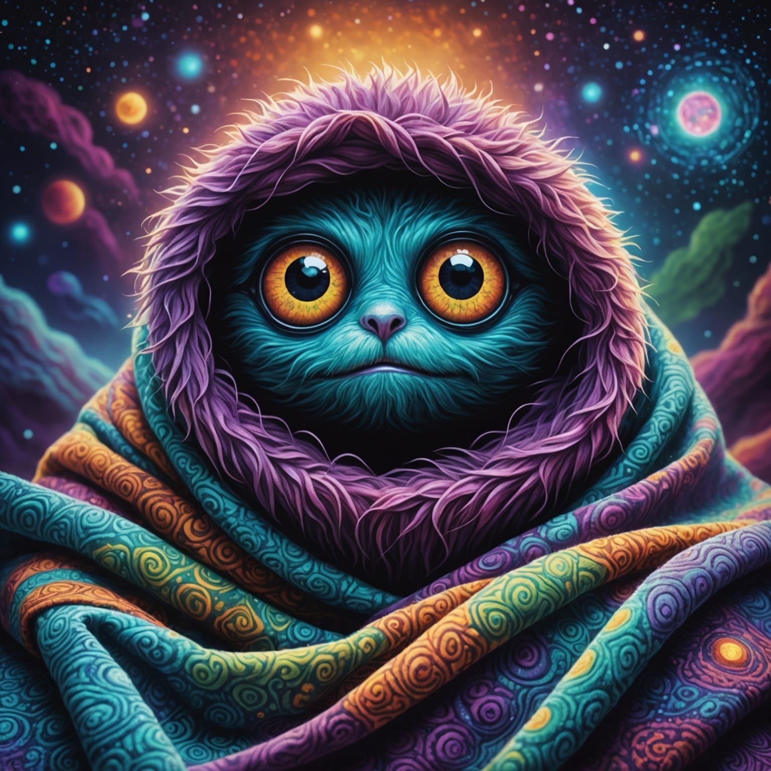 Fuzzy Monster Peek: Holographic Astral Cosmic Illustration