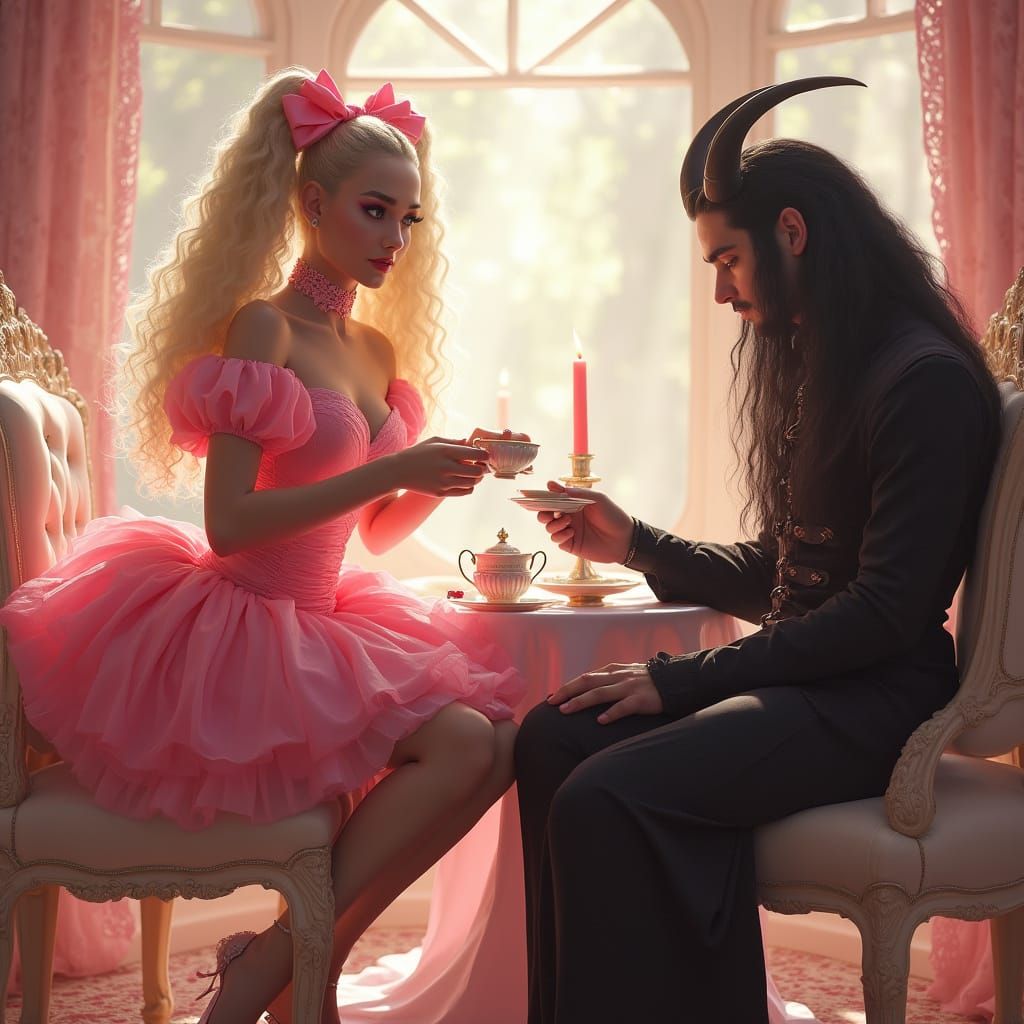 Fantasy Demon King and Beautiful Maiden Share Tea in Whimsic...