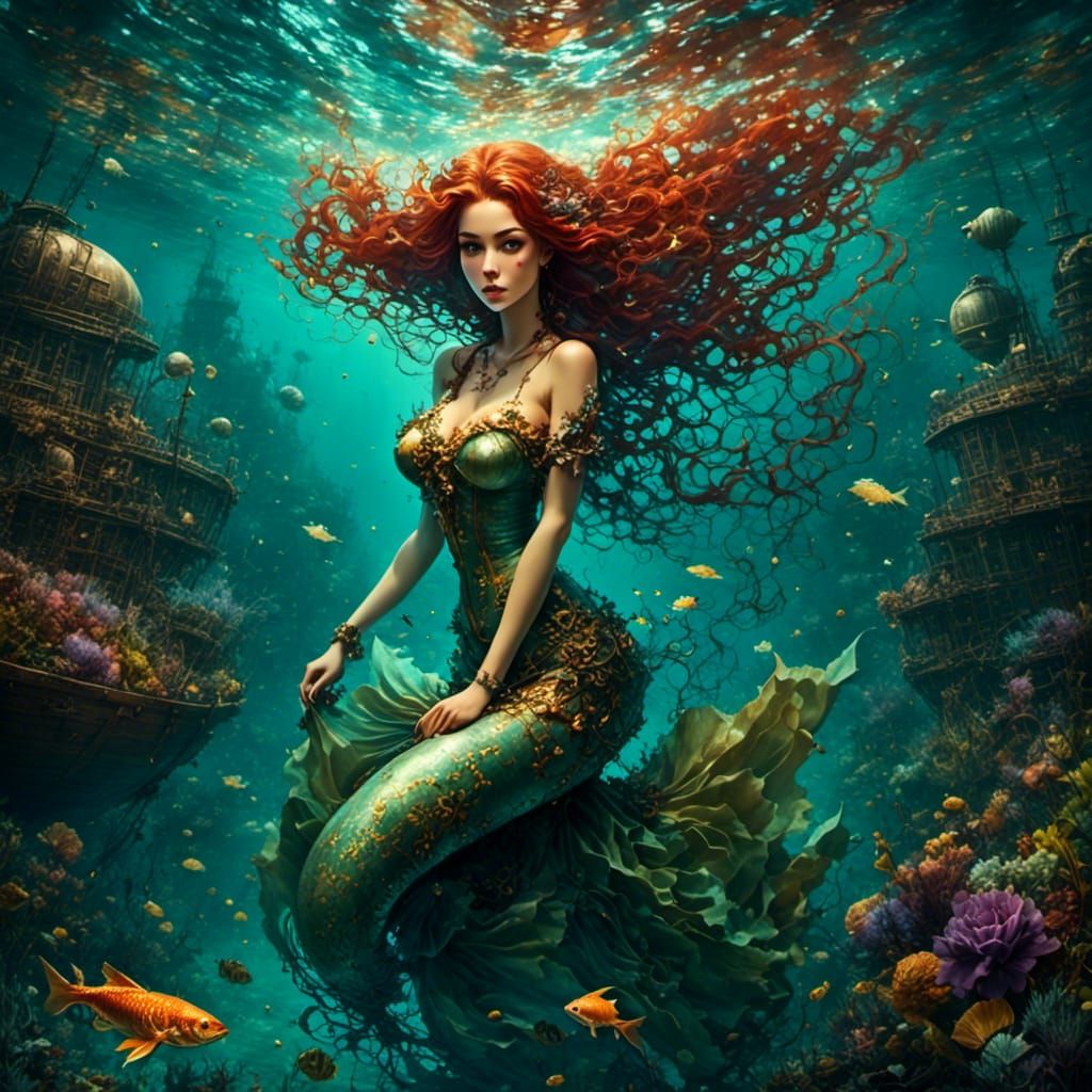 Mermaid Swims by Sunken Steampunk Ship