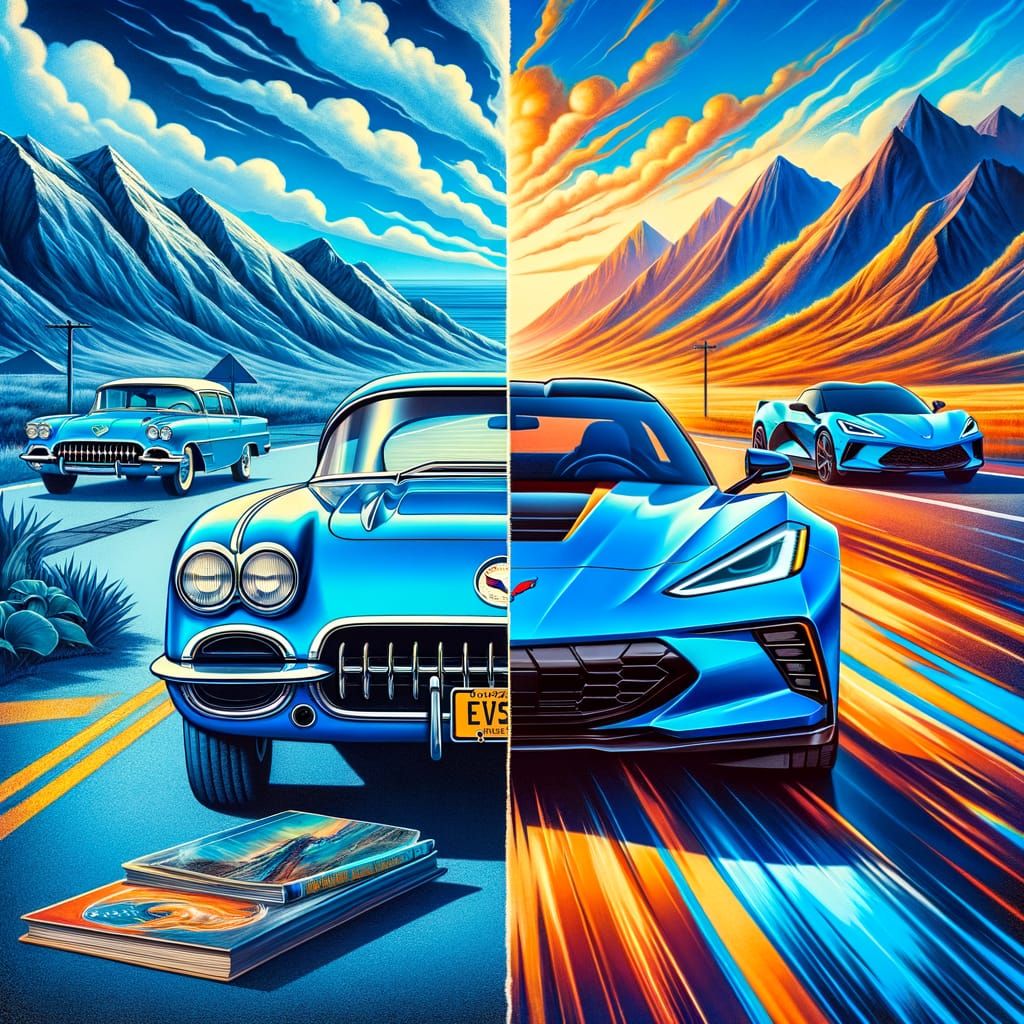 Automotive Evolution: 1953 Corvette Meets 2024, Pop Art