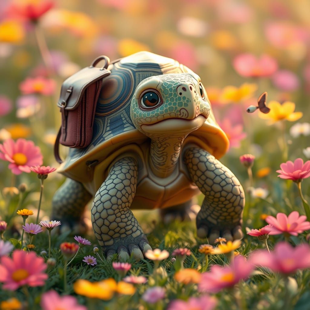 Tortoise Adventures: A Pixar-Style 3D Render in Flower Meado...
