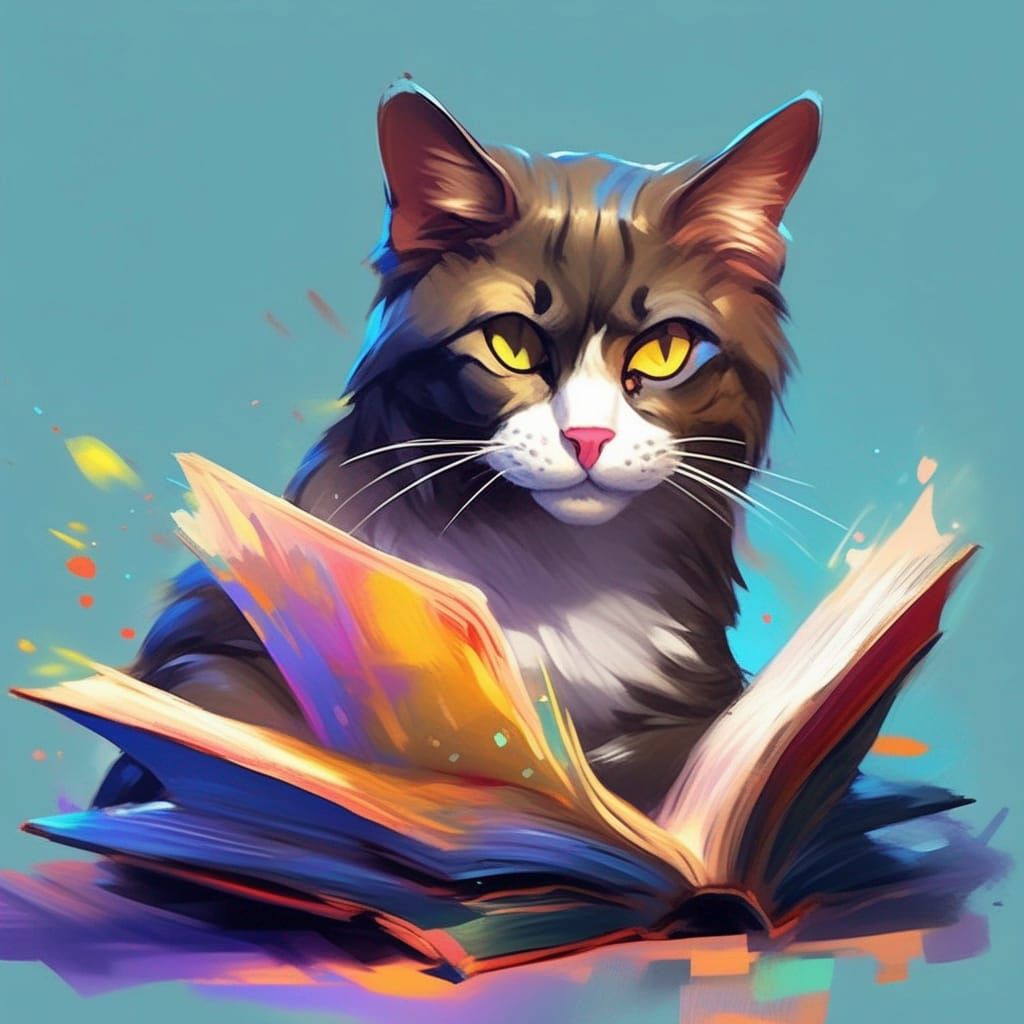 Hyperrealistic Cat Reads Book in Colorful Detail