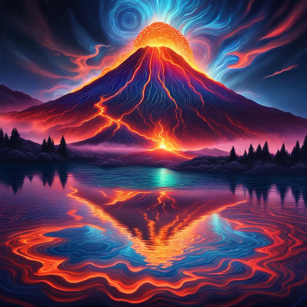 Volcanic Eruption Ripples Night Sky: Cosmic Illustration