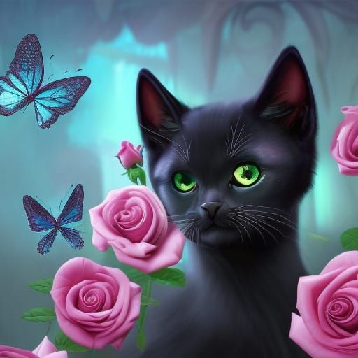 Cute Black Kitten with Butterflies and Roses
