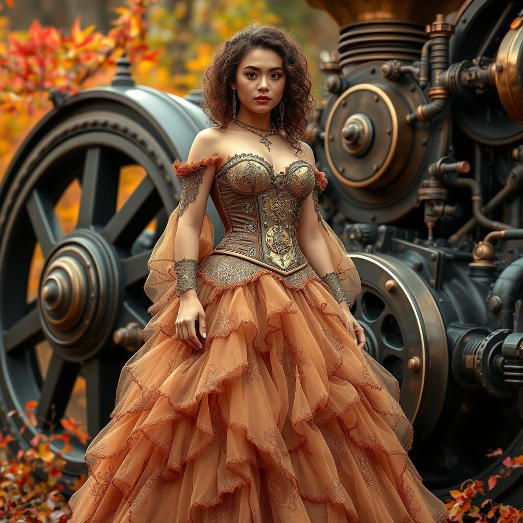Regal Steampunk Princess Stands Beside Industrial Marvel Ami...