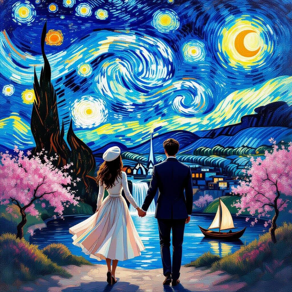 Couple Gazing at Celestial Muse in Van Gogh Style Sky