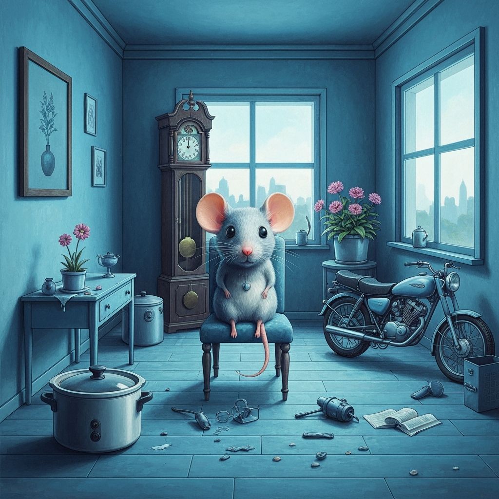 Surreal Mouse in Eccentric Blue Room, Flat Graphics Style