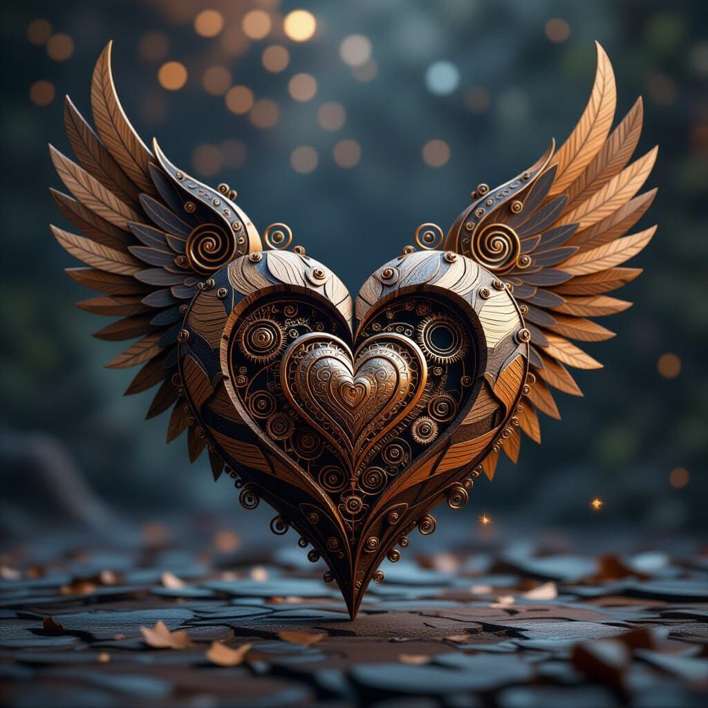 Winged Wooden Heart with Metallic Spirals