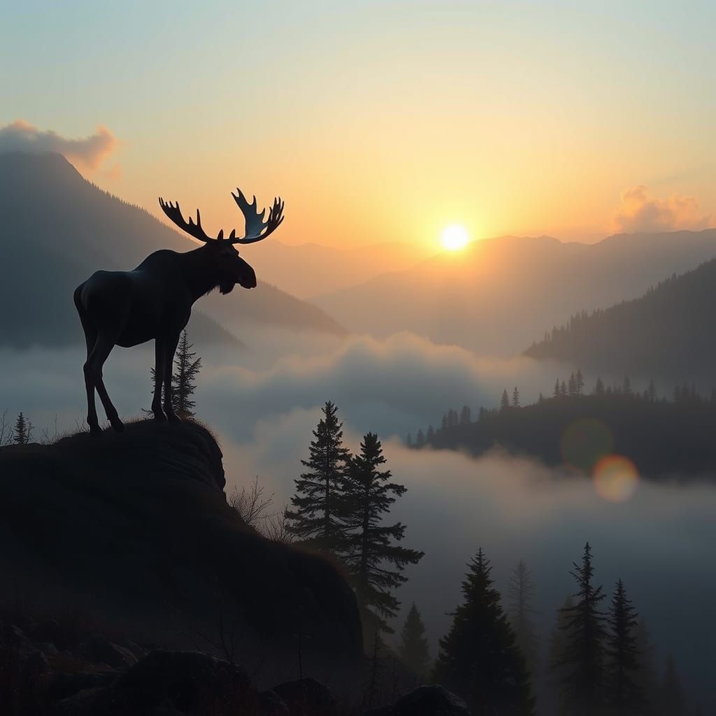 Majestic Bull Moose at Dawn in Foggy Autumn Valley
