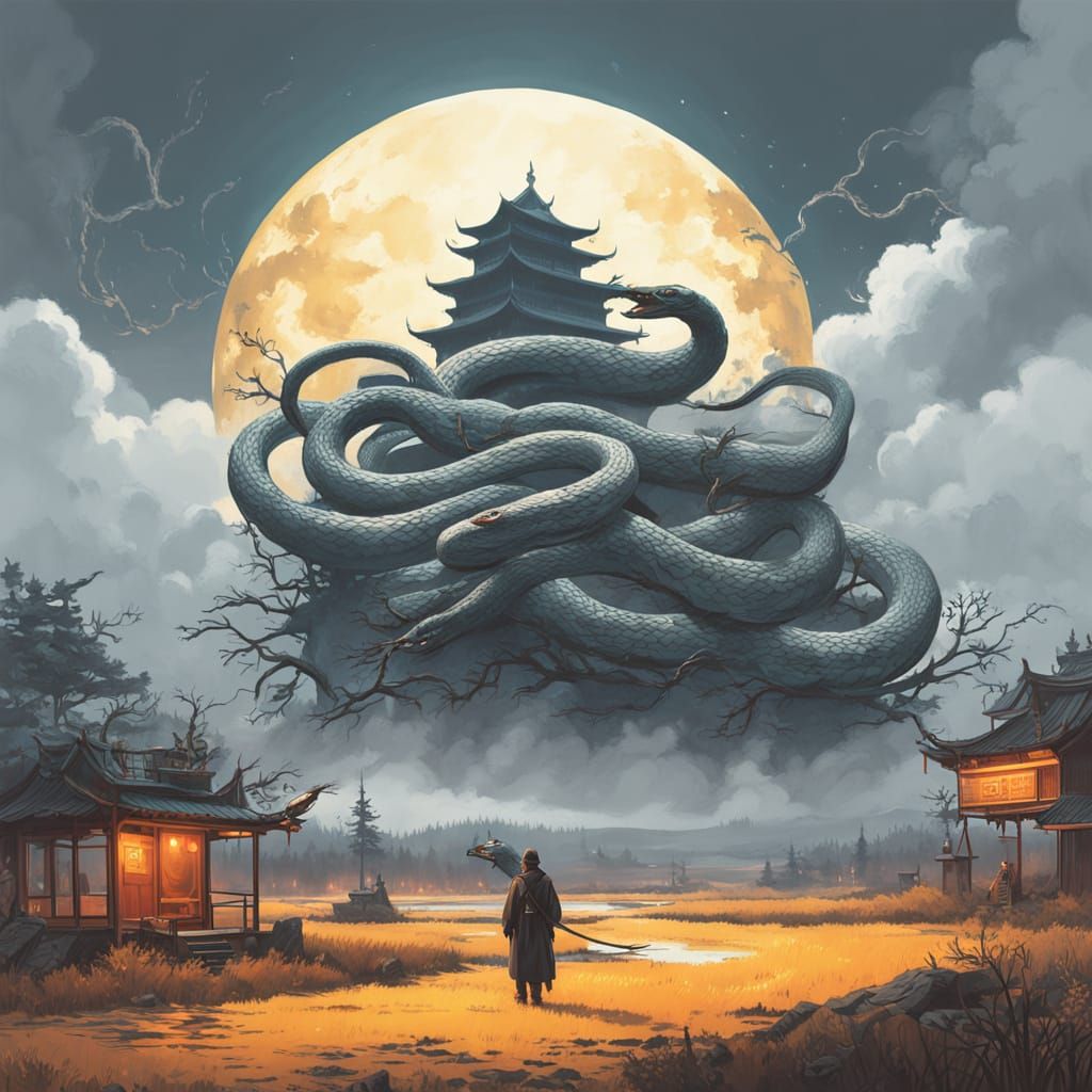 Iridescent Metallic Snake in Chinese Character Aura