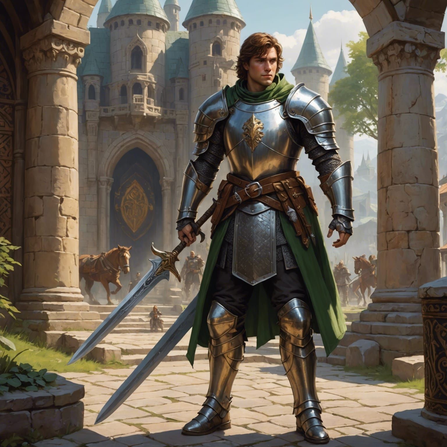 Young Paladin with Warhorse Before Temple