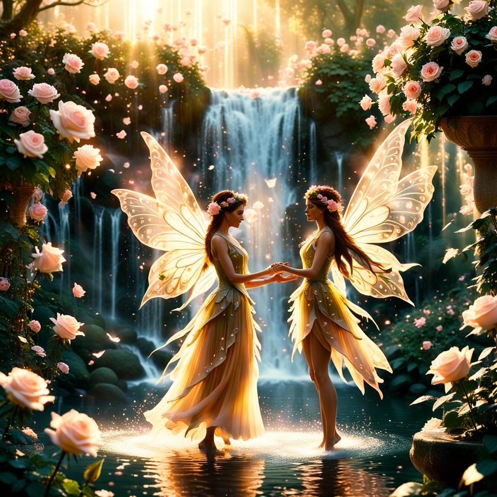 Fairies Dance in Rose Garden Waterfall: Cinematic Film Still
