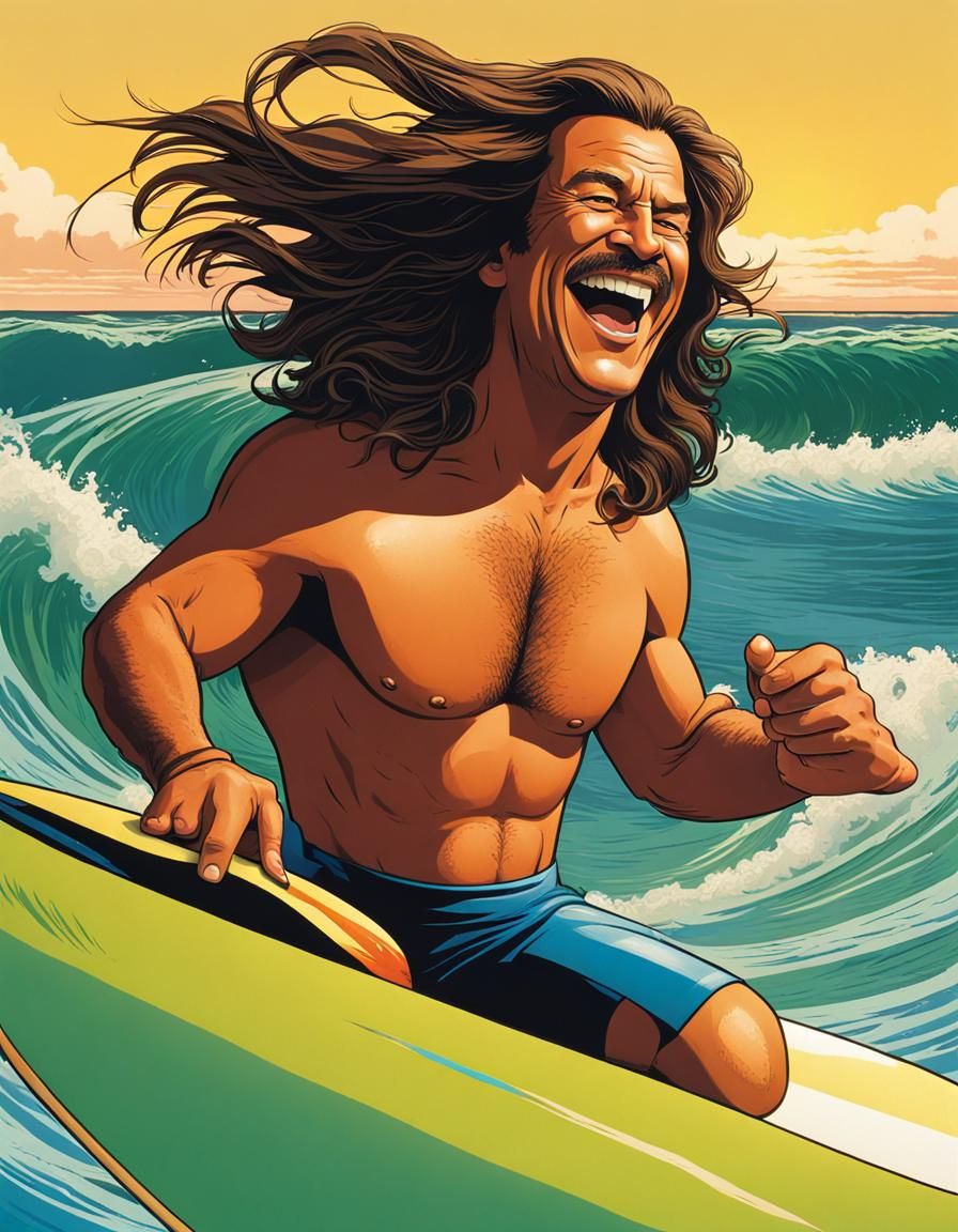 Laughing Surfer Paddles Toward Setting Sun