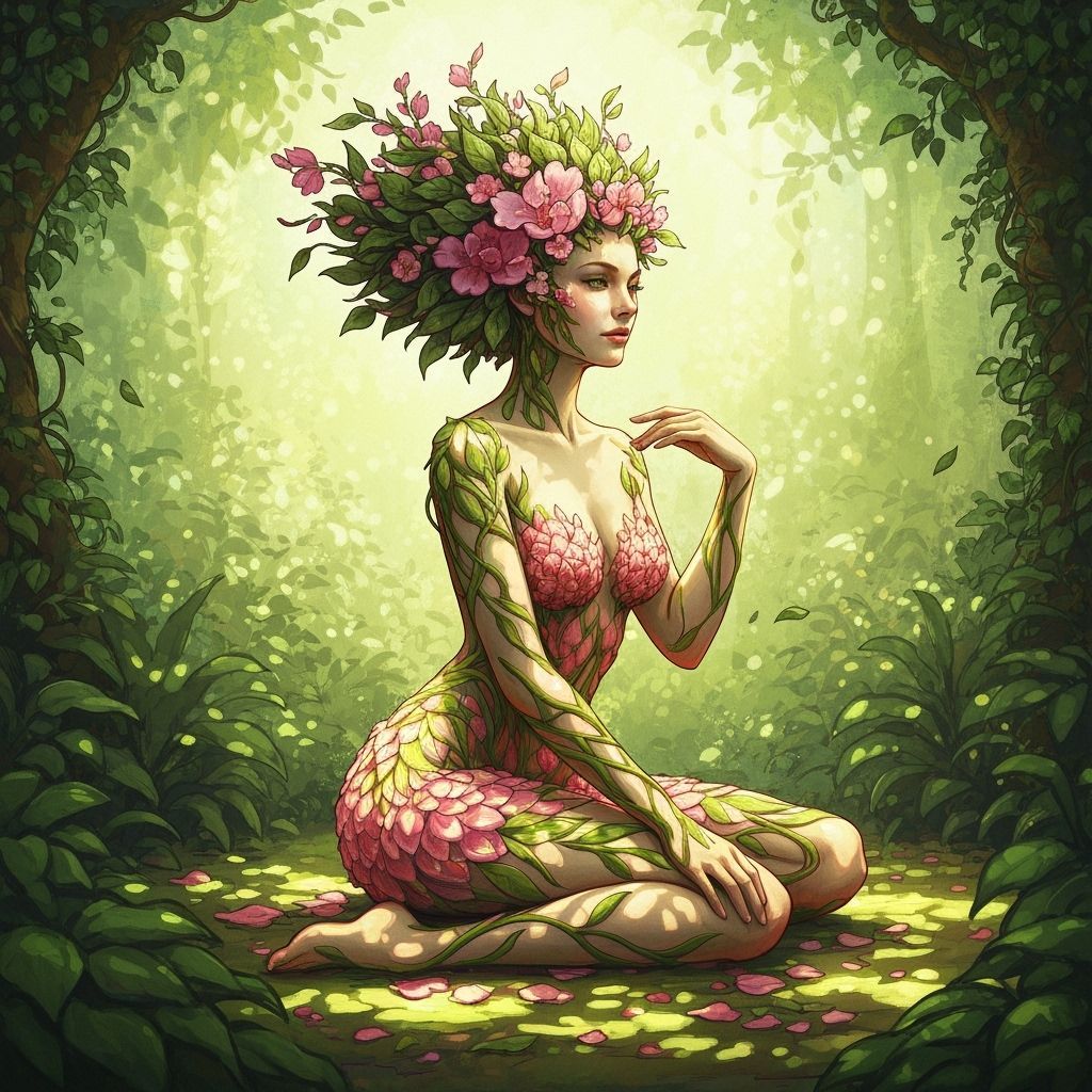 Woman Composed of Flowers in a Sunlit Garden