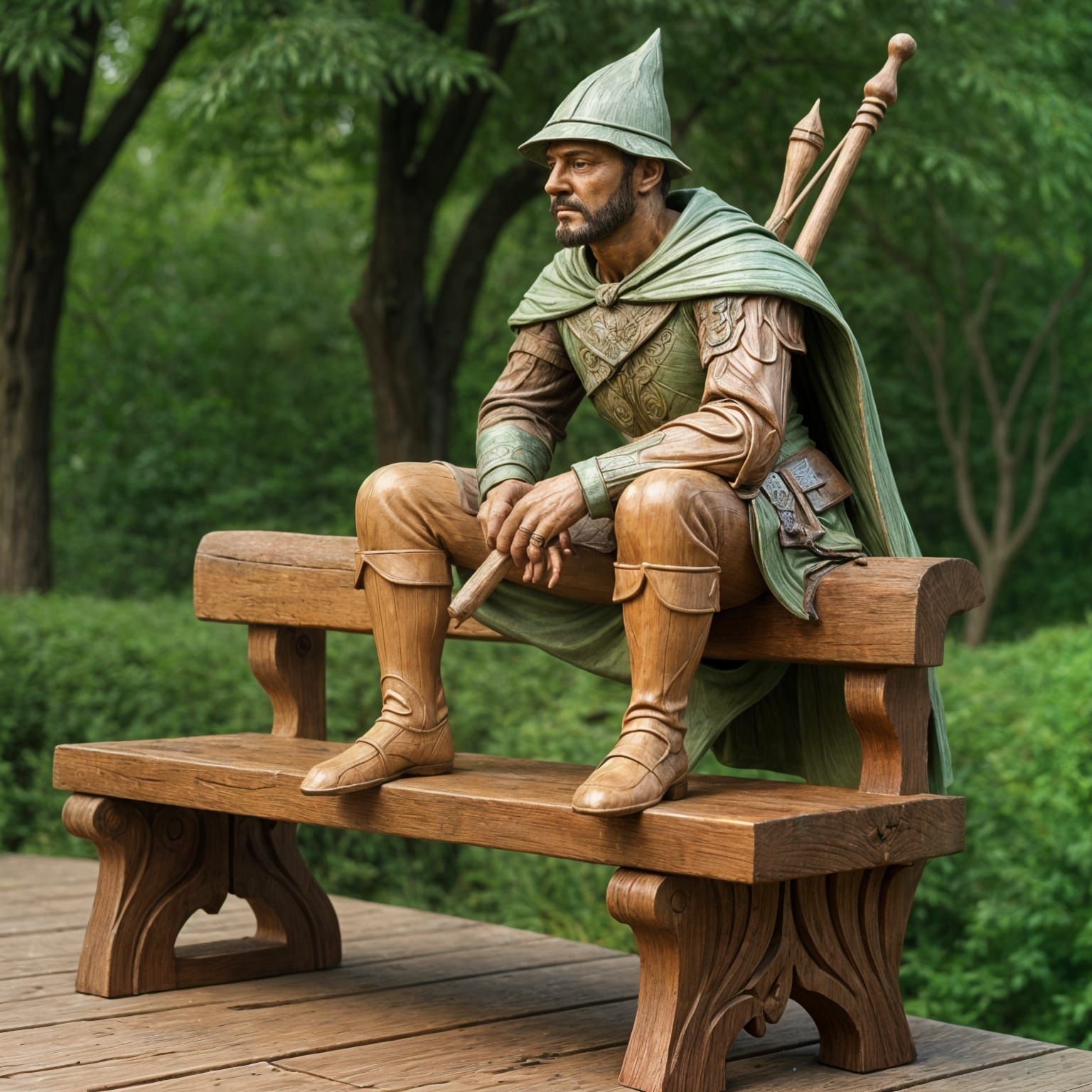 Hyperrealistic Wood Carving of Robin Hood on Bench