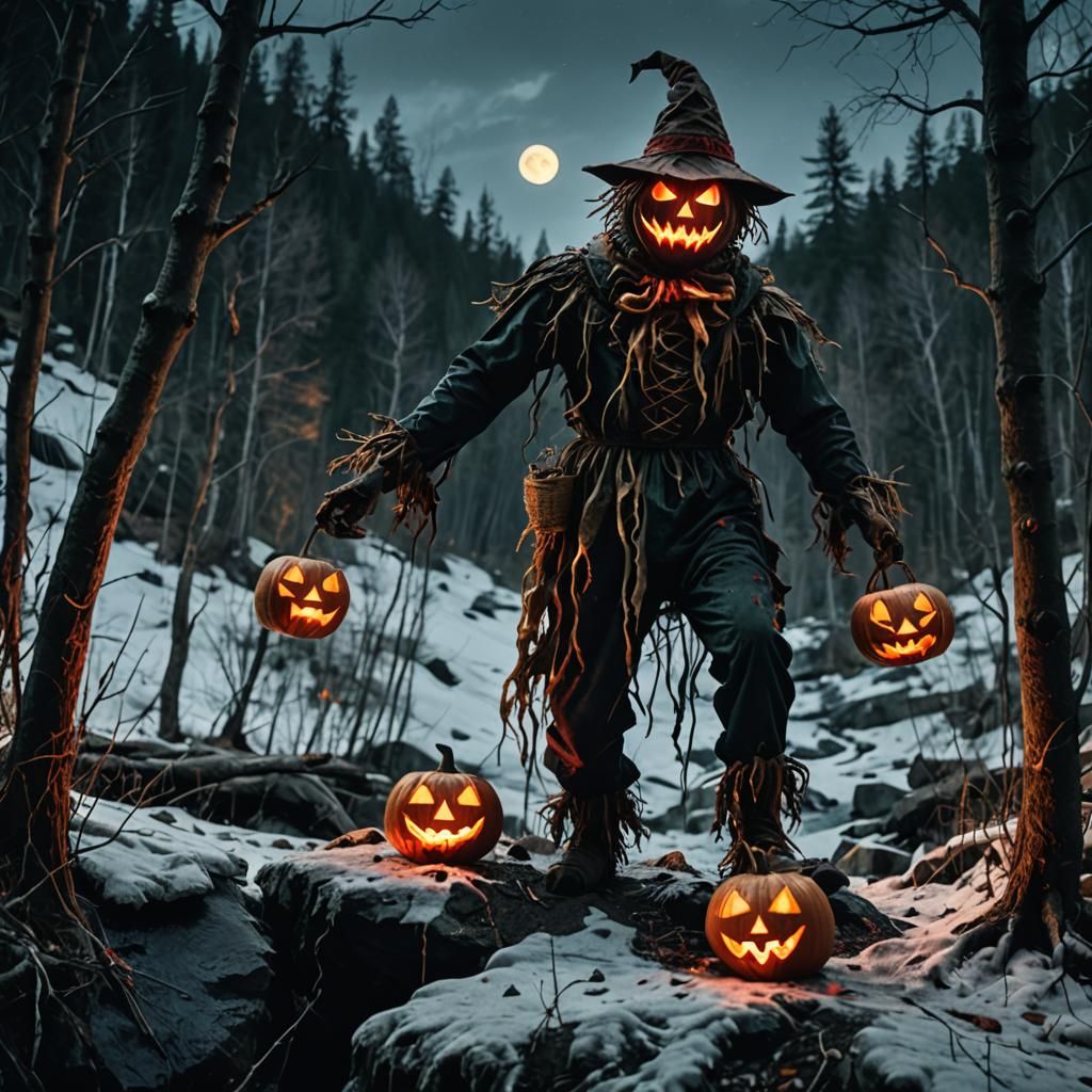 Sinister Scarecrow Monster in Dark Forest, Cinematic Still