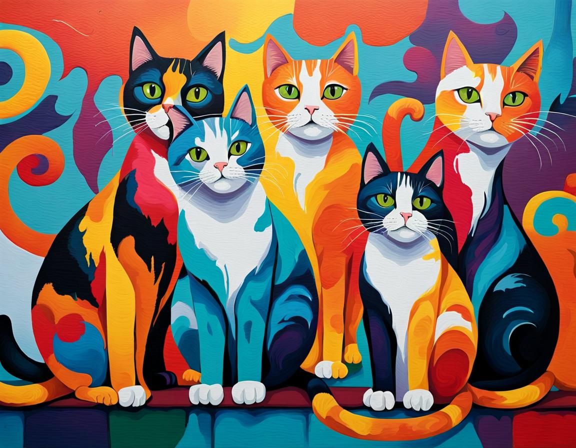 Cats Painting a Colorful Abstract Mural