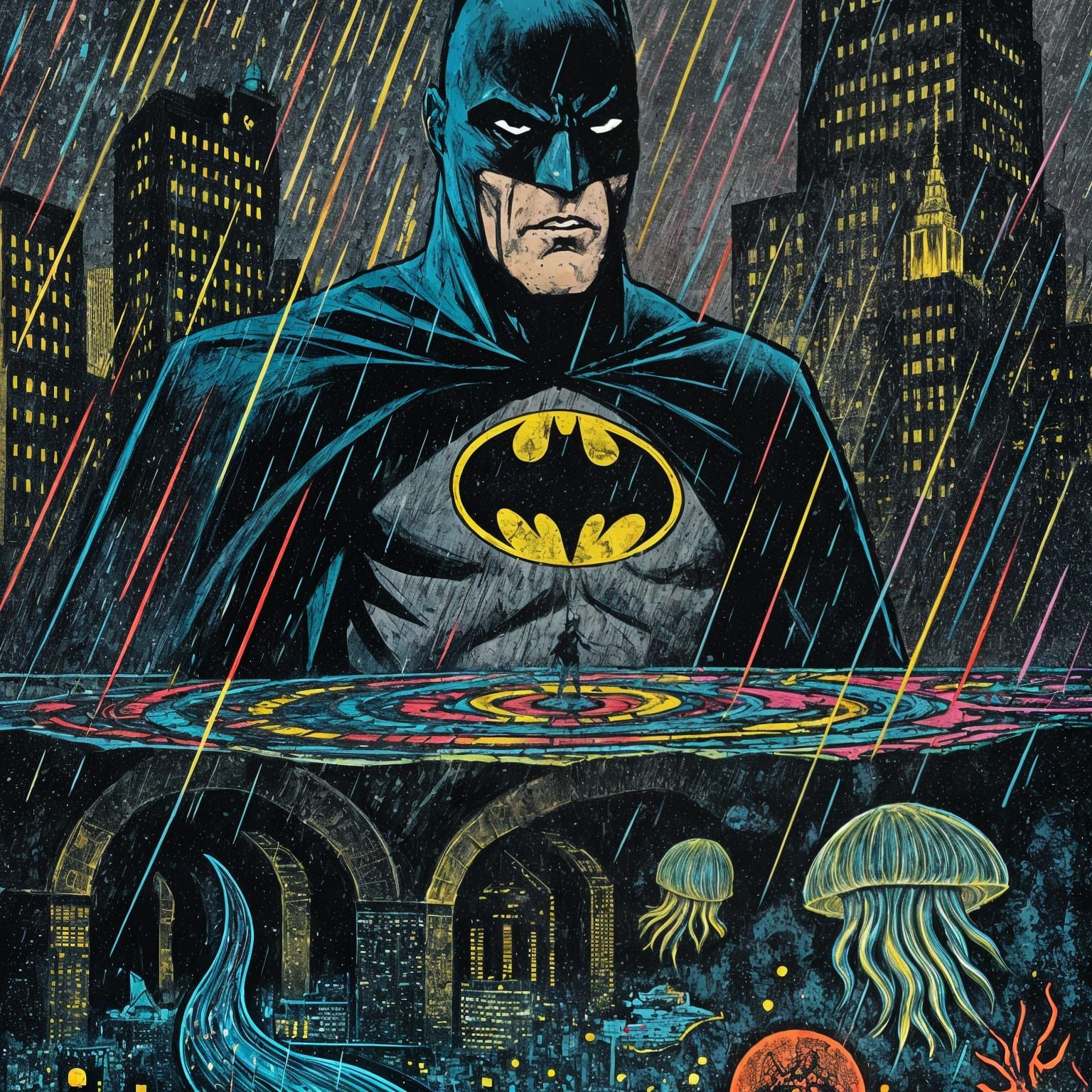 Gotham Batman in Prismatic Rain - Comic Book Art